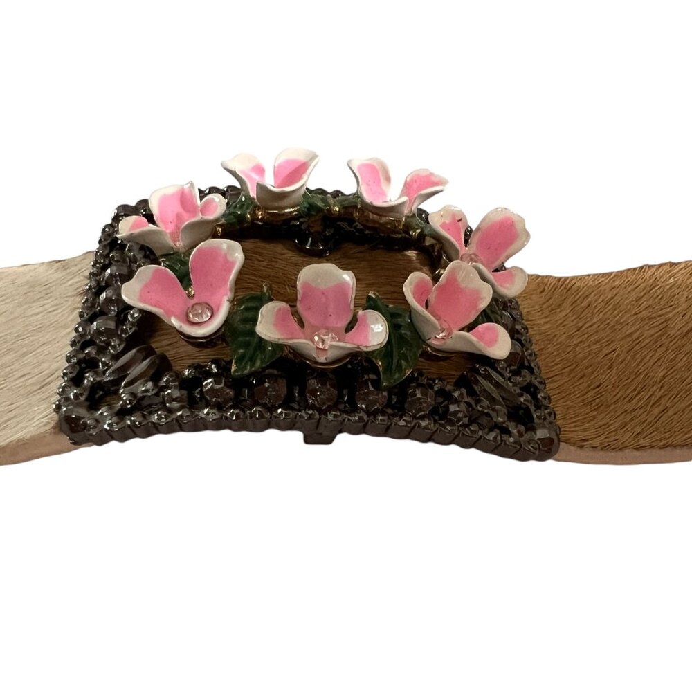 Rare Betsey Johnson Floral Bracelet Brown Cream Calf Hair Leather Pink F… - Picture 3 of 9